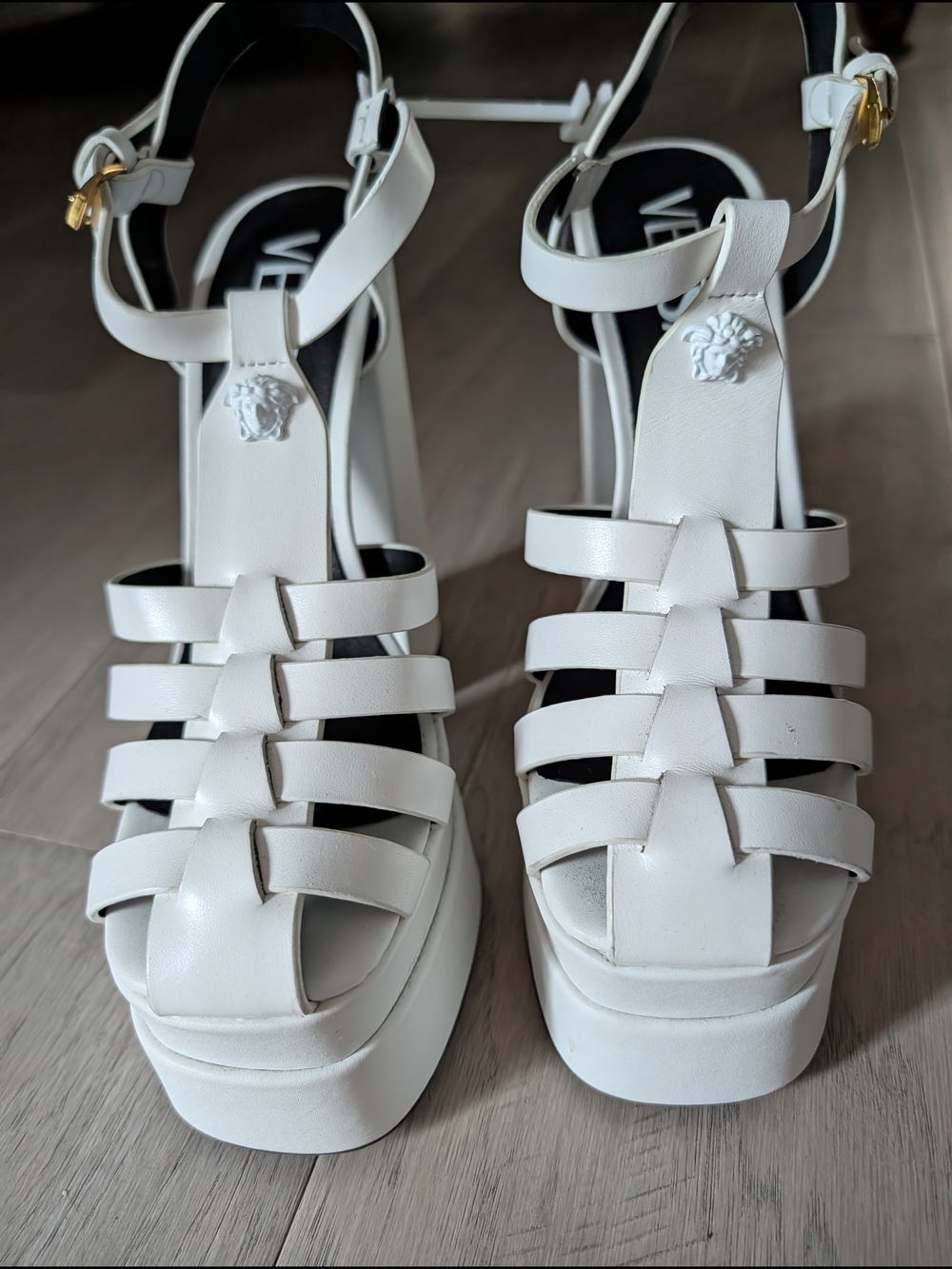 New Versace White Multi-Strap Leather Platform Sandals with Gold Buckle Accent